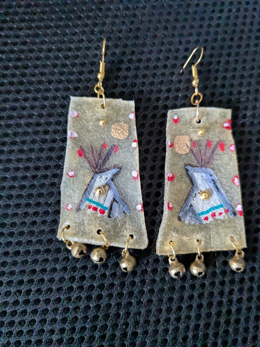 Indigenous Hand-Painted Teepee Rawhide Parfleche Dangle Earrings With Jingles - Picture 9 of 10